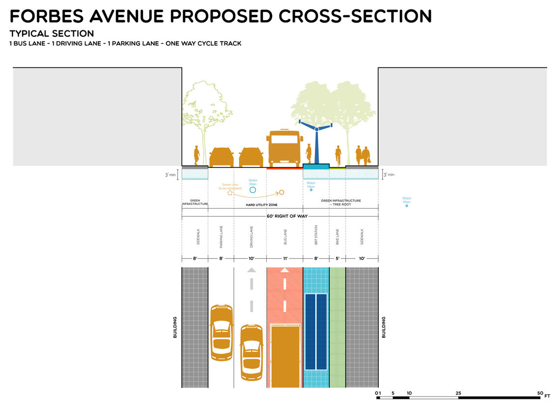 Proposed street section for Forbes designed to include space for cars, parking, bike and BRT